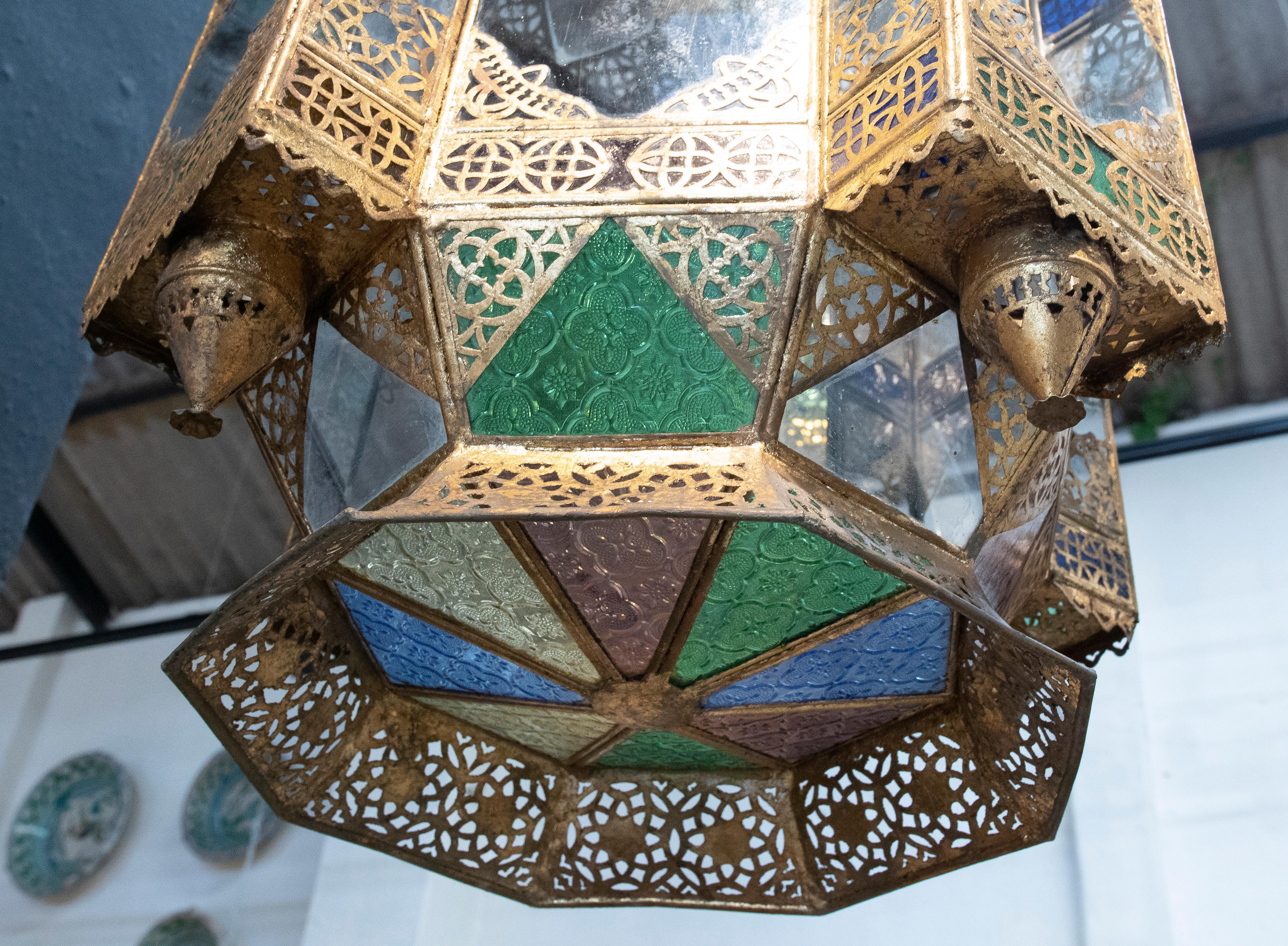 1980s Moroccan Iron Hanging Lantern Lamp w/ Coloured Glass 11