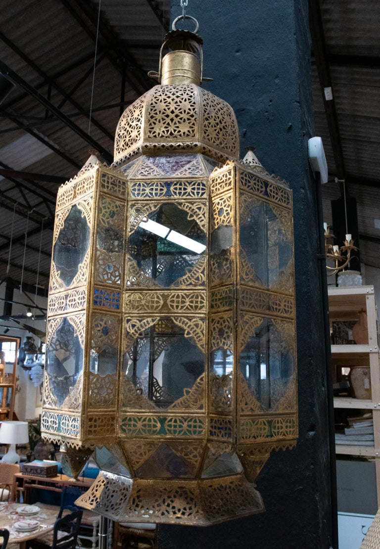 1980s Moroccan Iron Hanging Lantern Lamp w/ Coloured Glass at 1stDibs