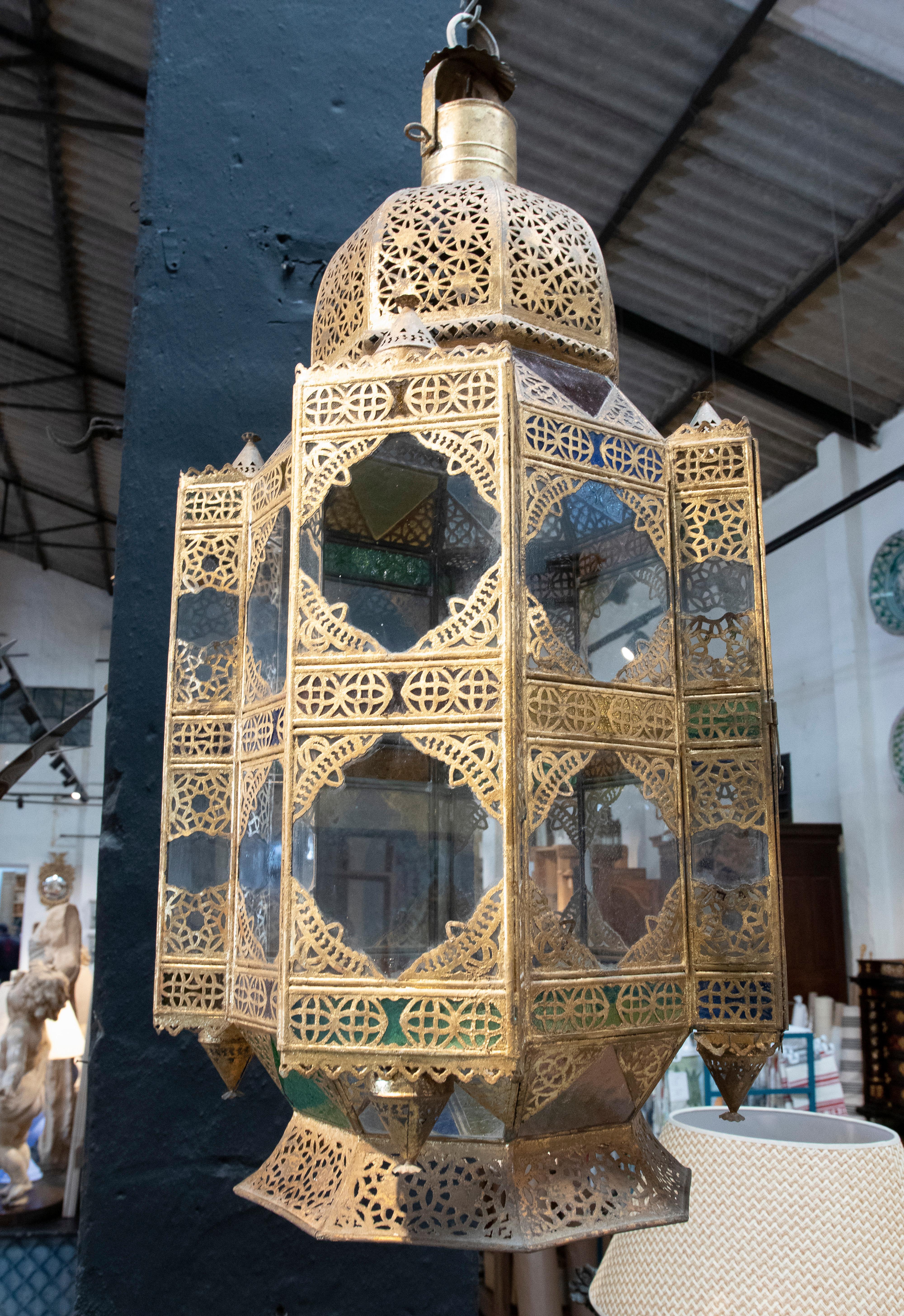 20th Century 1980s Moroccan Iron Hanging Lantern Lamp w/ Coloured Glass
