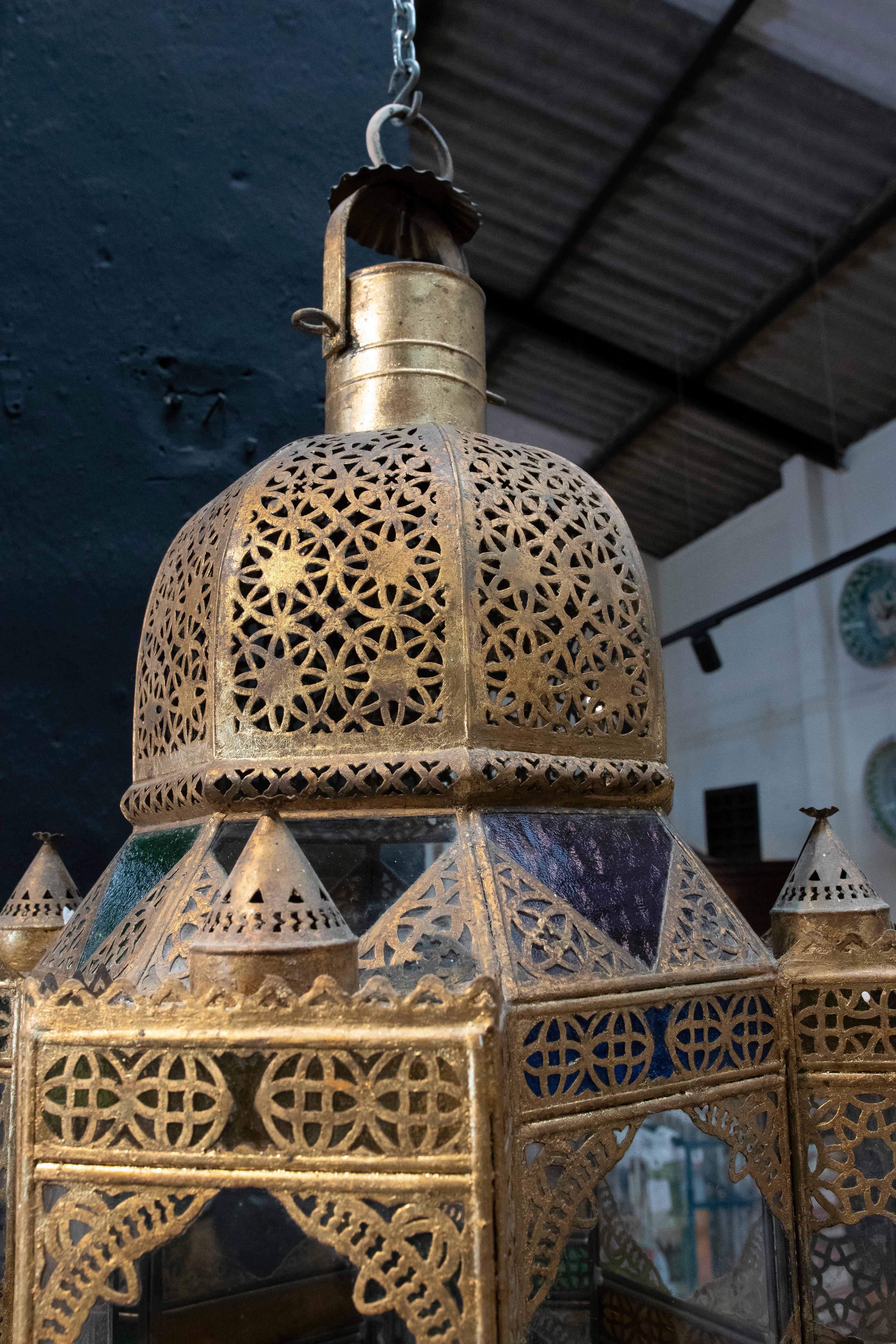 1980s Moroccan Iron Hanging Lantern Lamp w/ Coloured Glass 1