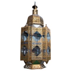 Vintage 1980s Moroccan Iron Hanging Lantern Lamp w/ Coloured Glass