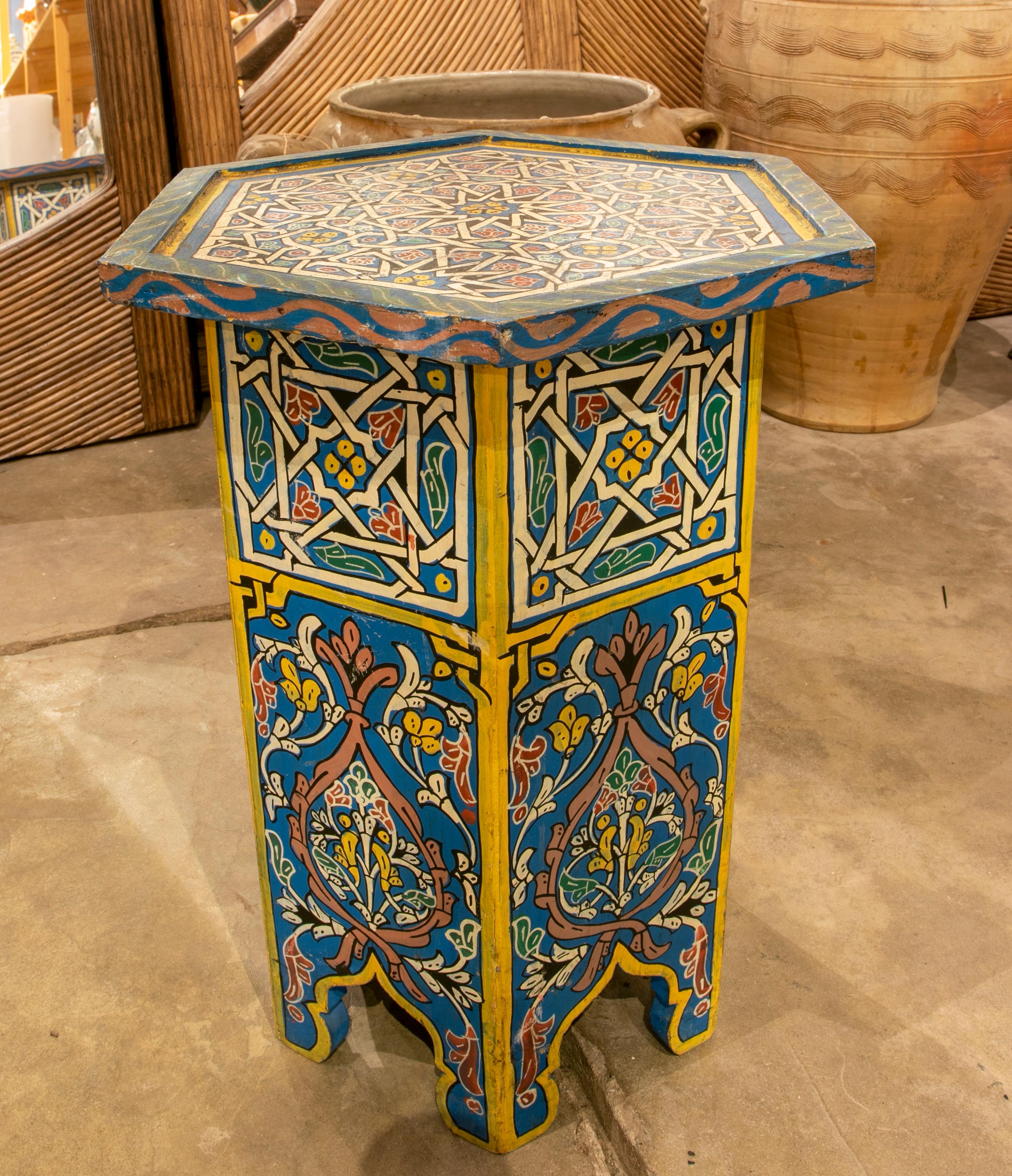 1980s Moroccan octagonal side table in polychromed wood.