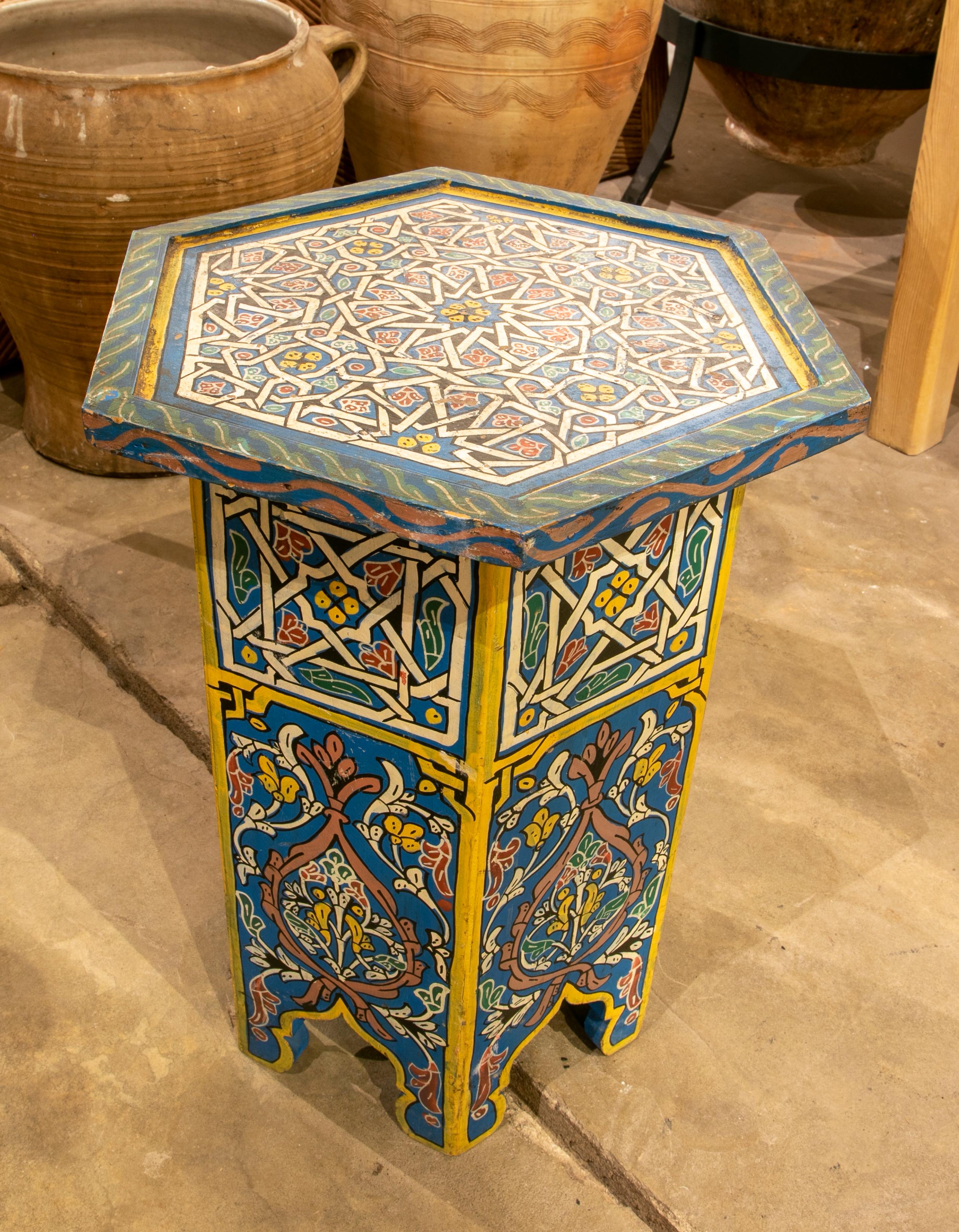 Hand-Painted 1980s Moroccan Octagonal Side Table in Polychromed Wood