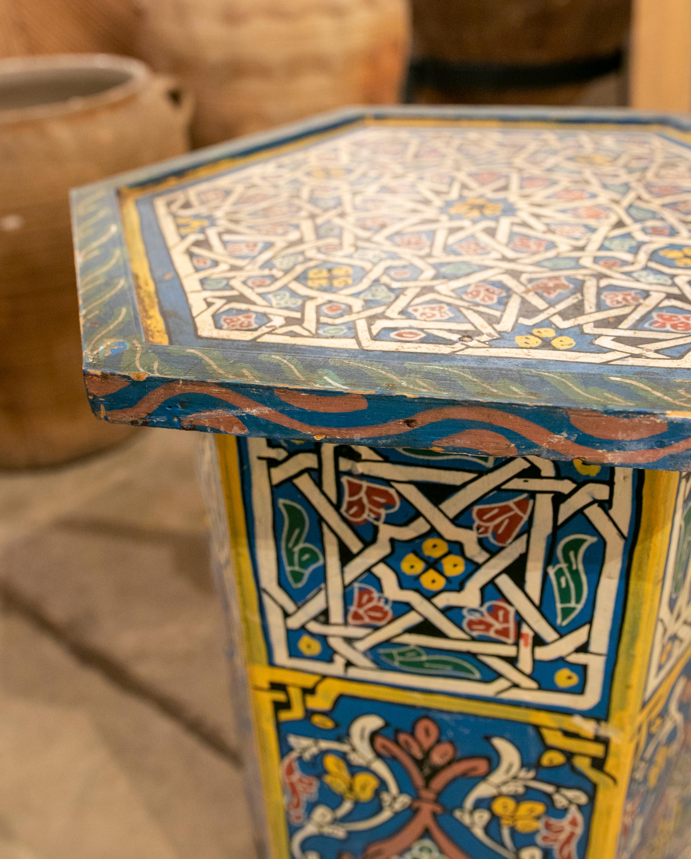 20th Century 1980s Moroccan Octagonal Side Table in Polychromed Wood