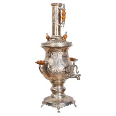 1980s Moroccan Silver-Plated Metal Samovar with Wooden Handles