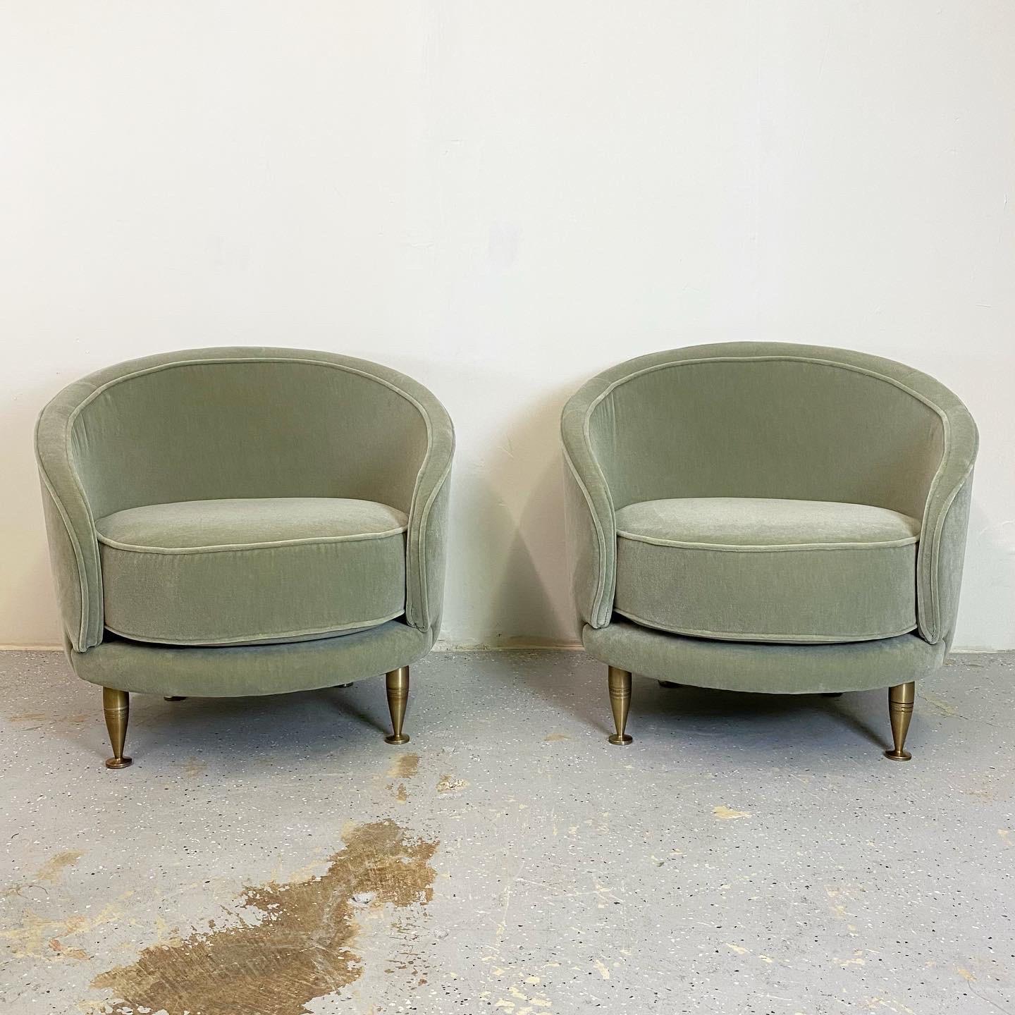 Beautiful pair of vintage Moroso lounge chairs newly upholstered in dusty seafoam mohair.