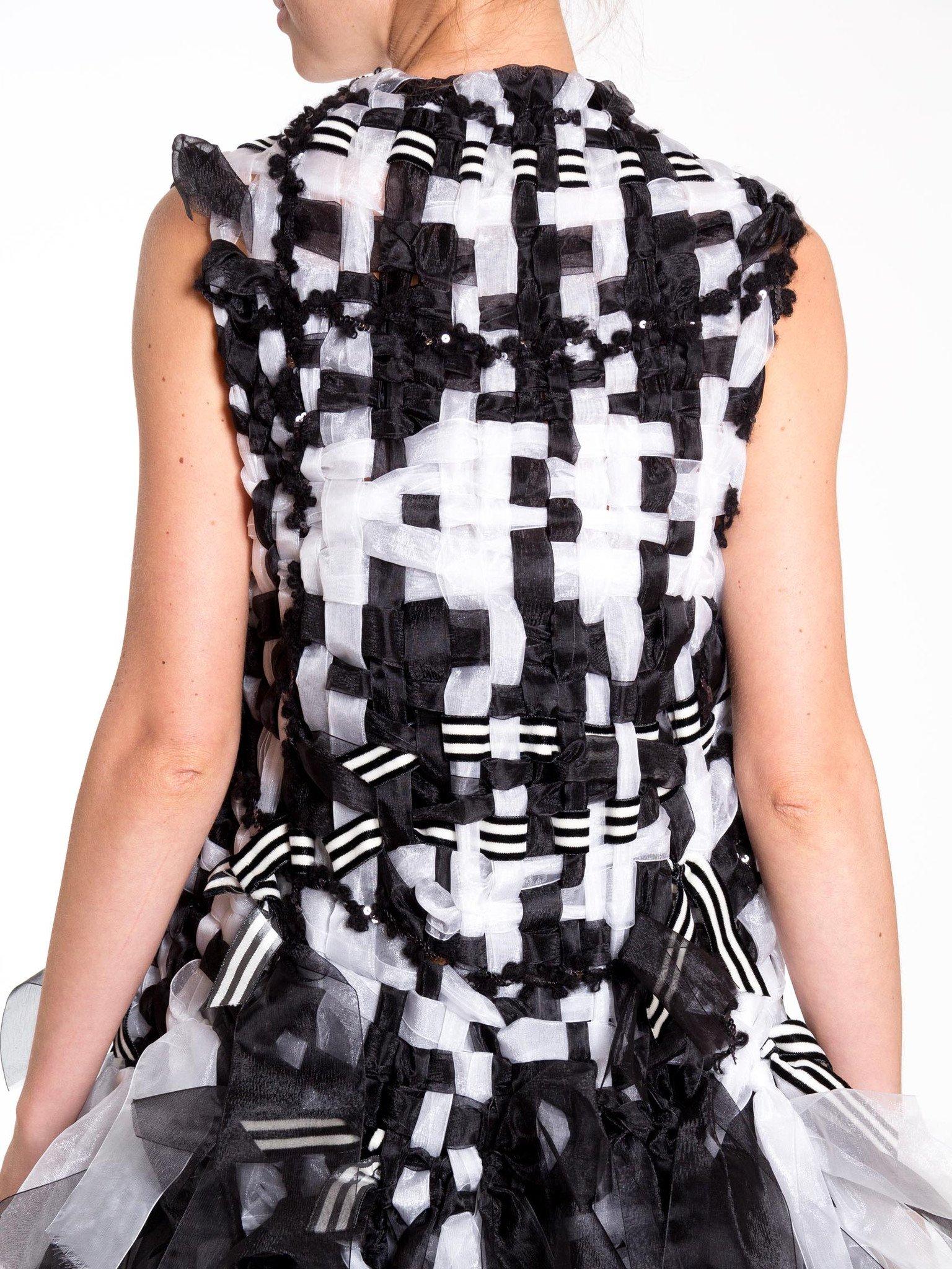 MORPHEW COLLECTION Black & White Hand Woven Ribbon  Vest With Fringe In Excellent Condition In New York, NY