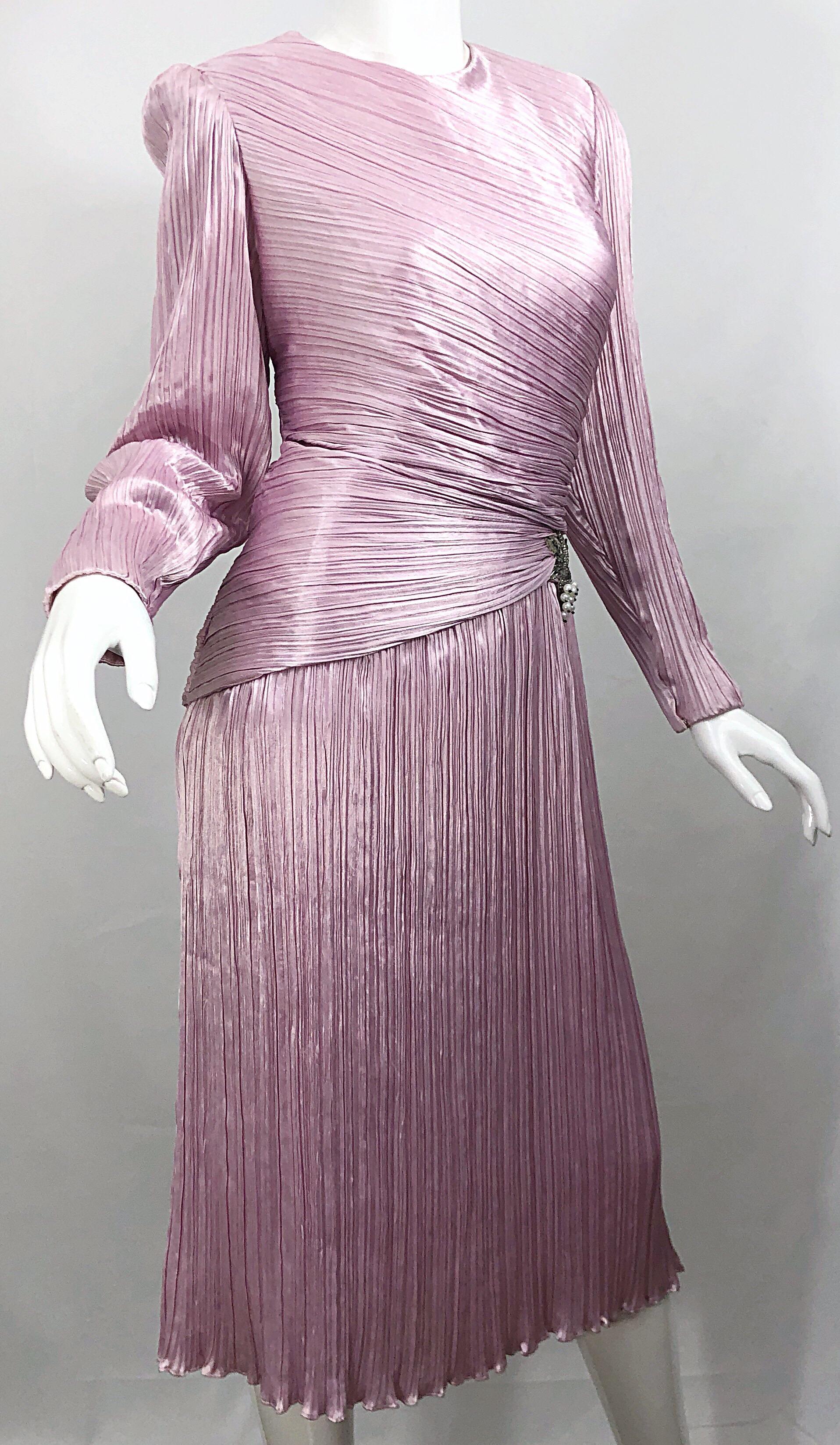 1980s Morton Myles Size 10 Pink / Purple Fortuny Pleated Silk Beaded 80s Dress For Sale 2