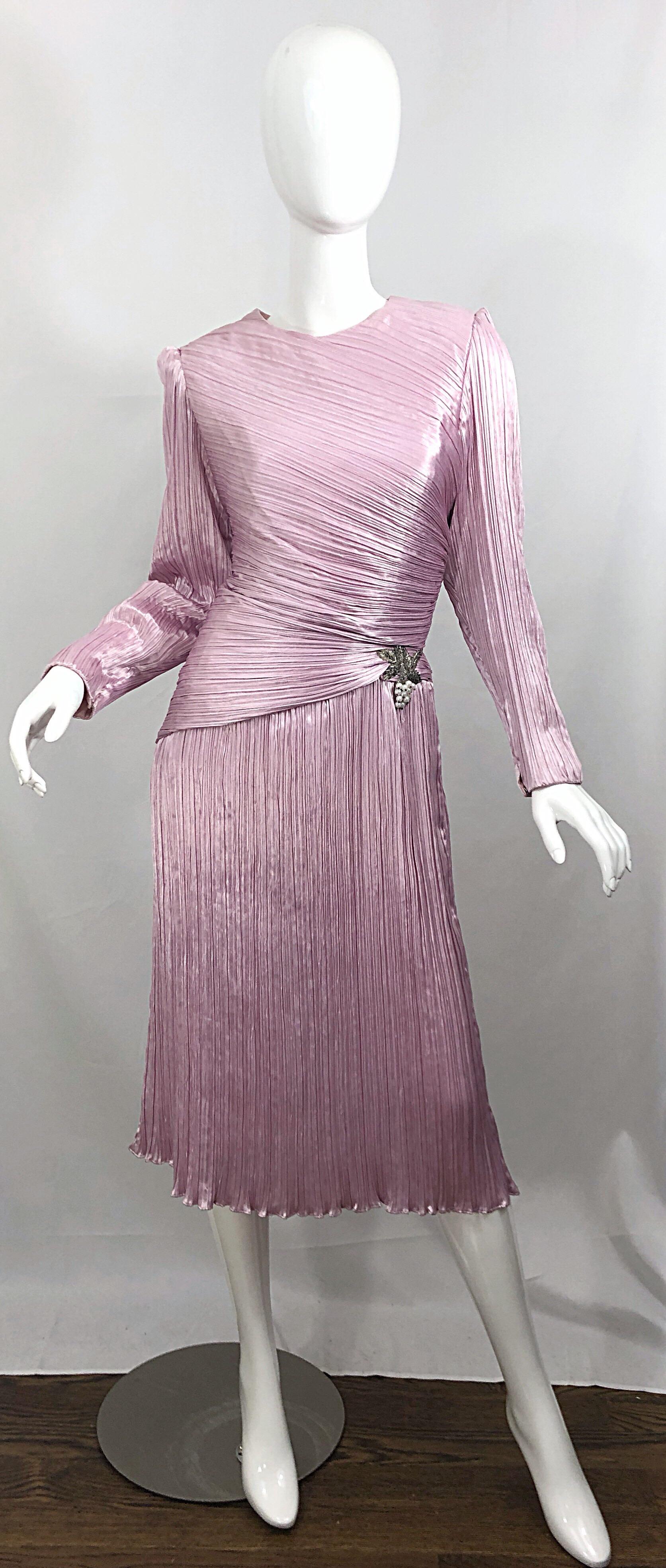 1980s Morton Myles Size 10 Pink / Purple Fortuny Pleated Silk Beaded 80s Dress For Sale 3