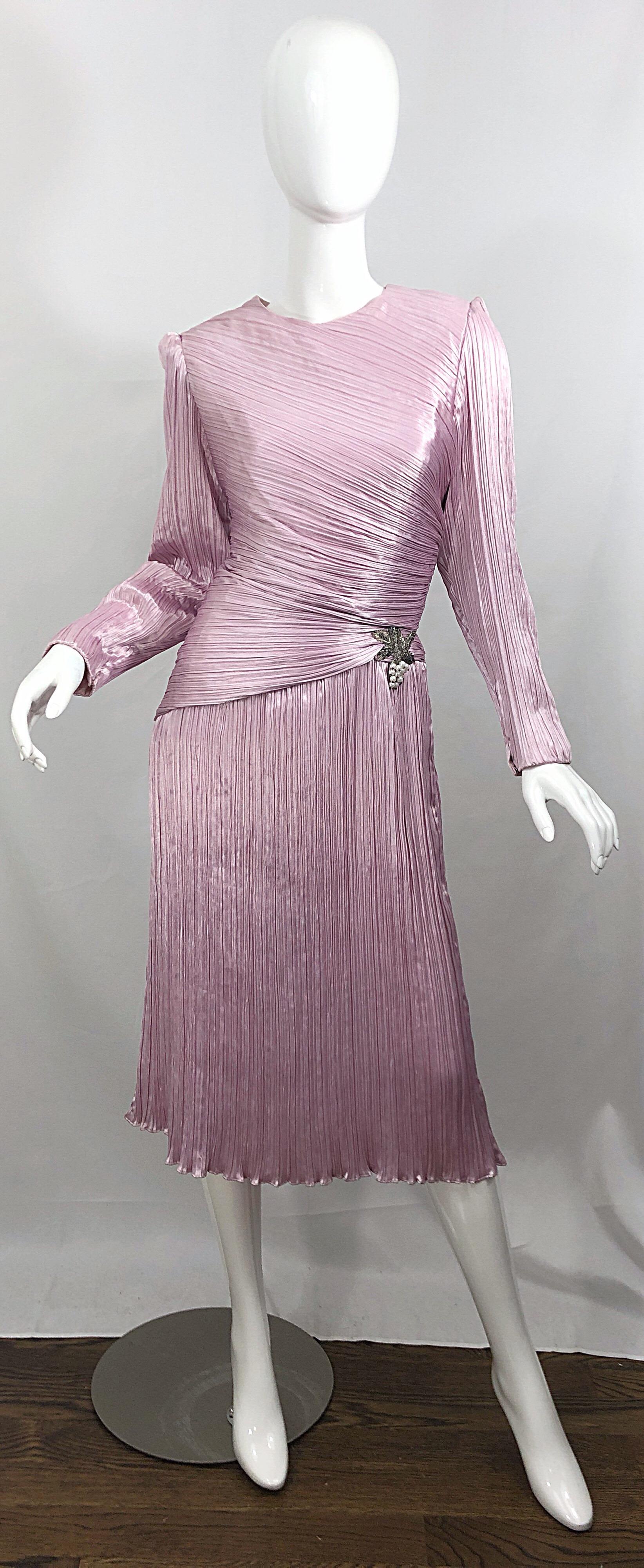 1980s Morton Myles Size 10 Pink / Purple Fortuny Pleated Silk Beaded 80s Dress For Sale 5
