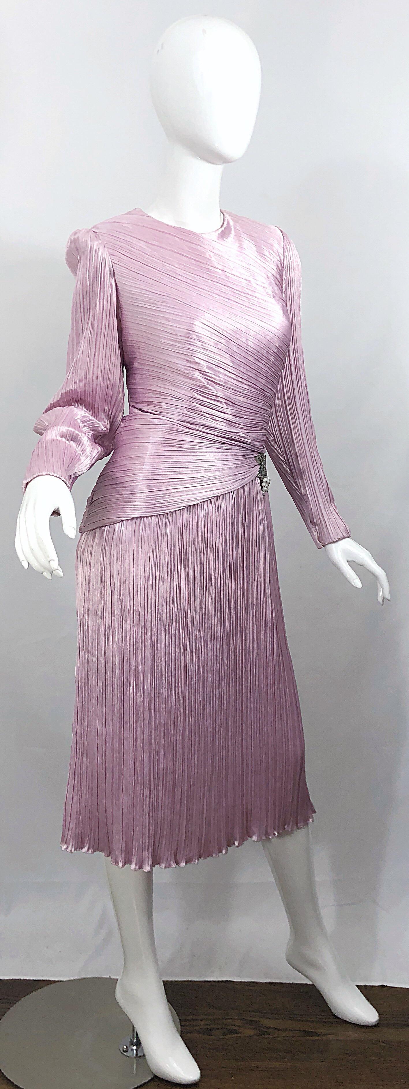 1980s Morton Myles Size 10 Pink / Purple Fortuny Pleated Silk Beaded 80s Dress In Excellent Condition For Sale In San Diego, CA