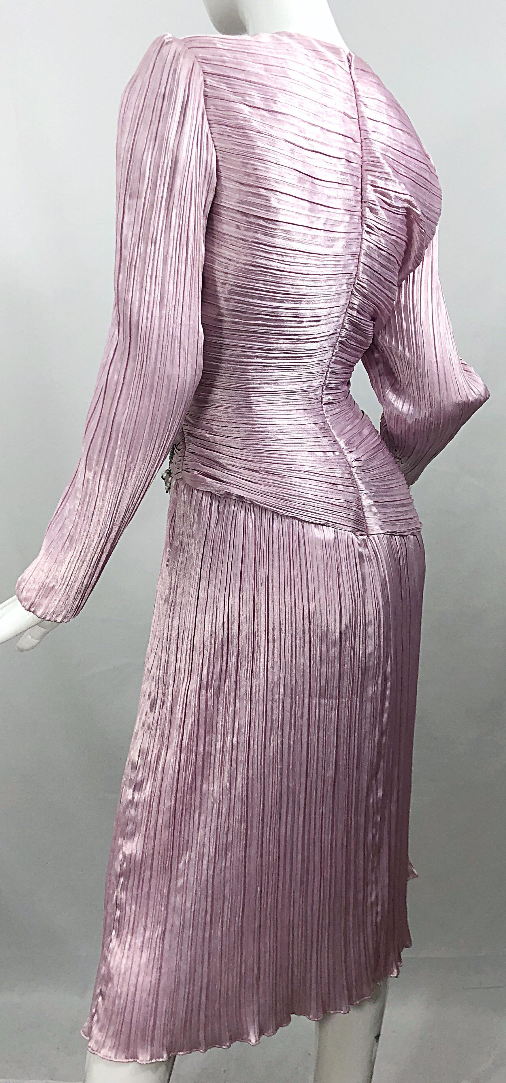 Women's 1980s Morton Myles Size 10 Pink / Purple Fortuny Pleated Silk Beaded 80s Dress For Sale