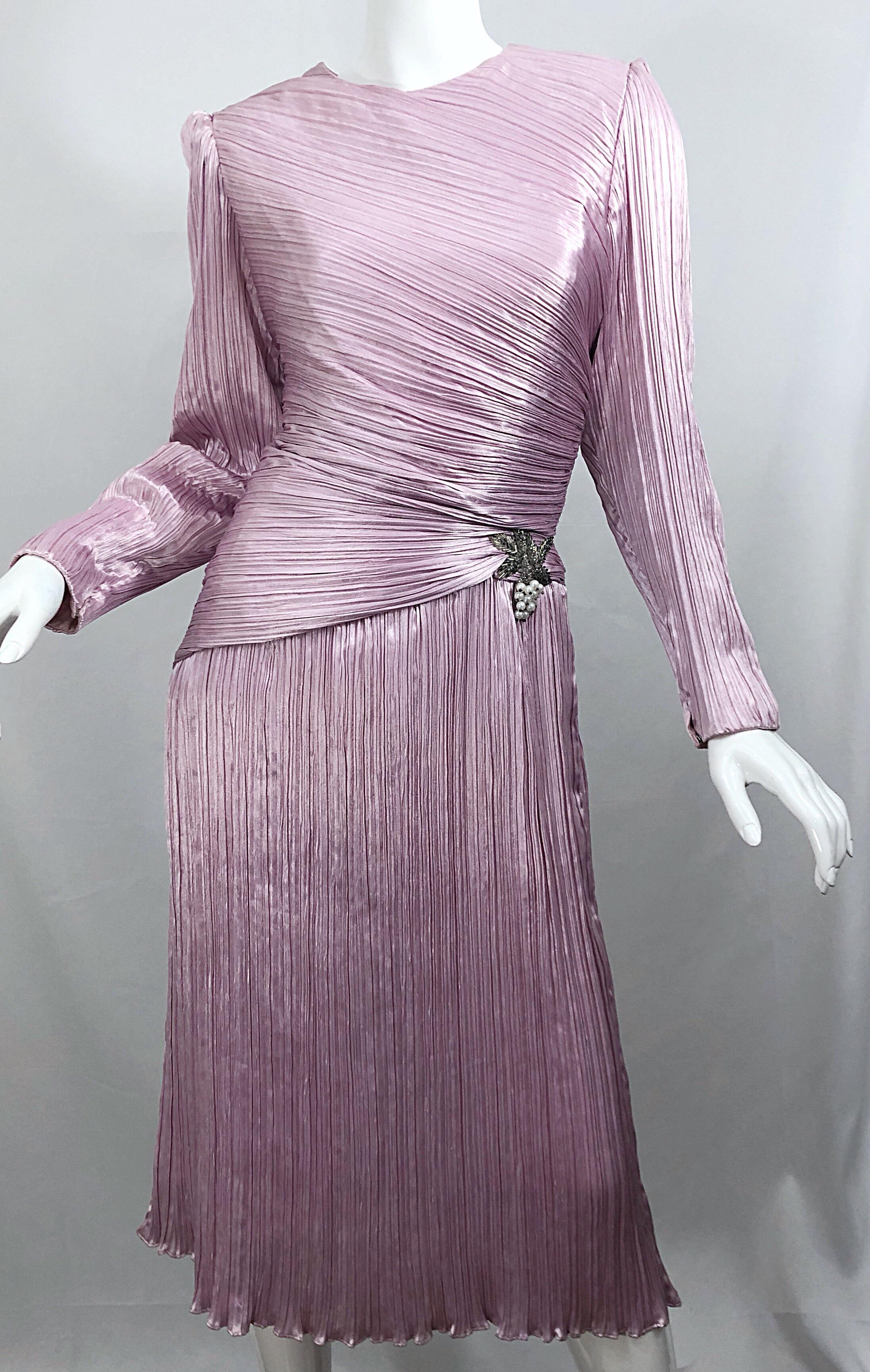 1980s Morton Myles Size 10 Pink / Purple Fortuny Pleated Silk Beaded 80s Dress For Sale 1