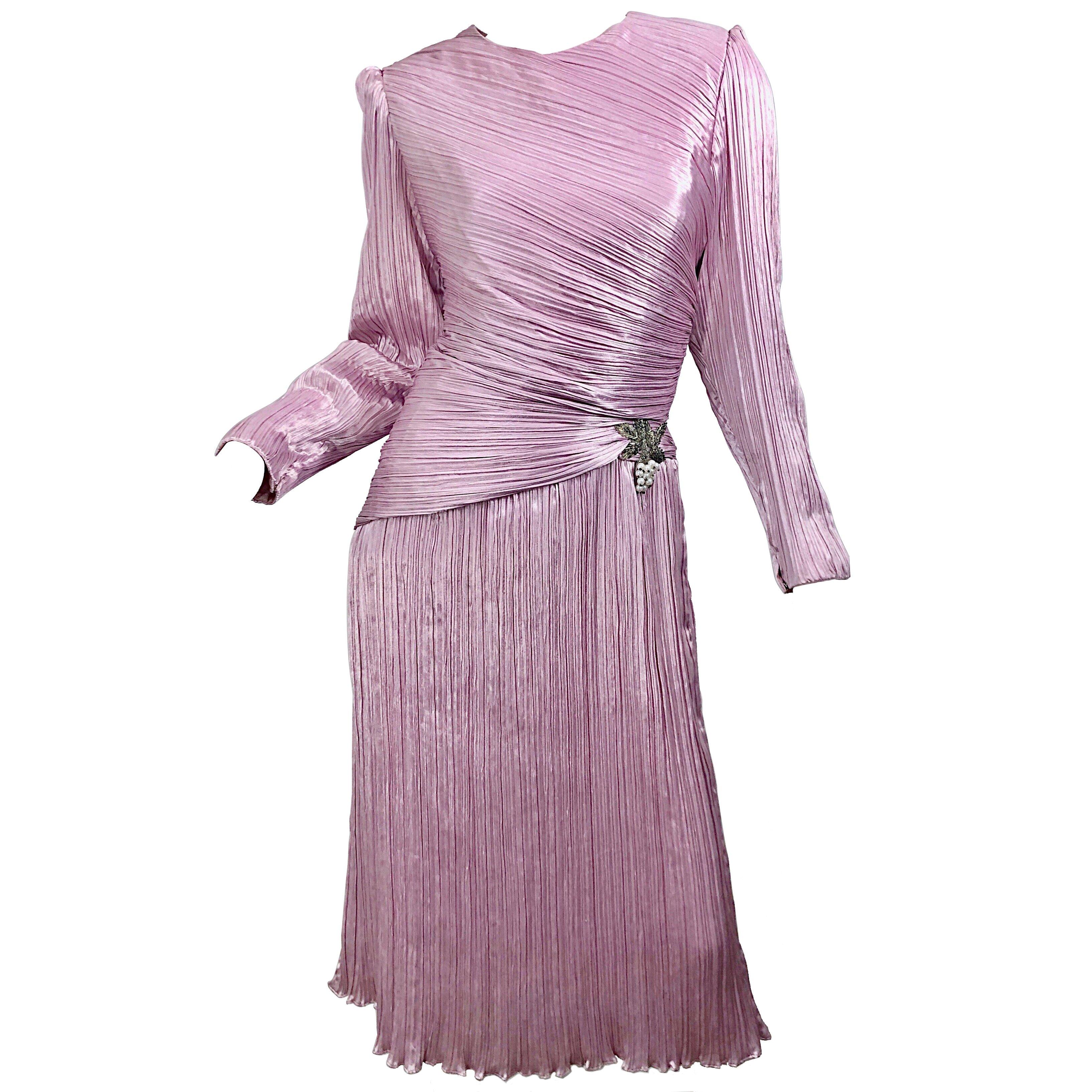 1980s Morton Myles Size 10 Pink / Purple Fortuny Pleated Silk Beaded 80s Dress