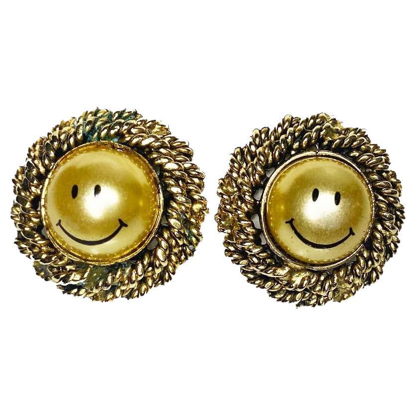 1980s Moschino Acid Smile Face Clip on Earrings 