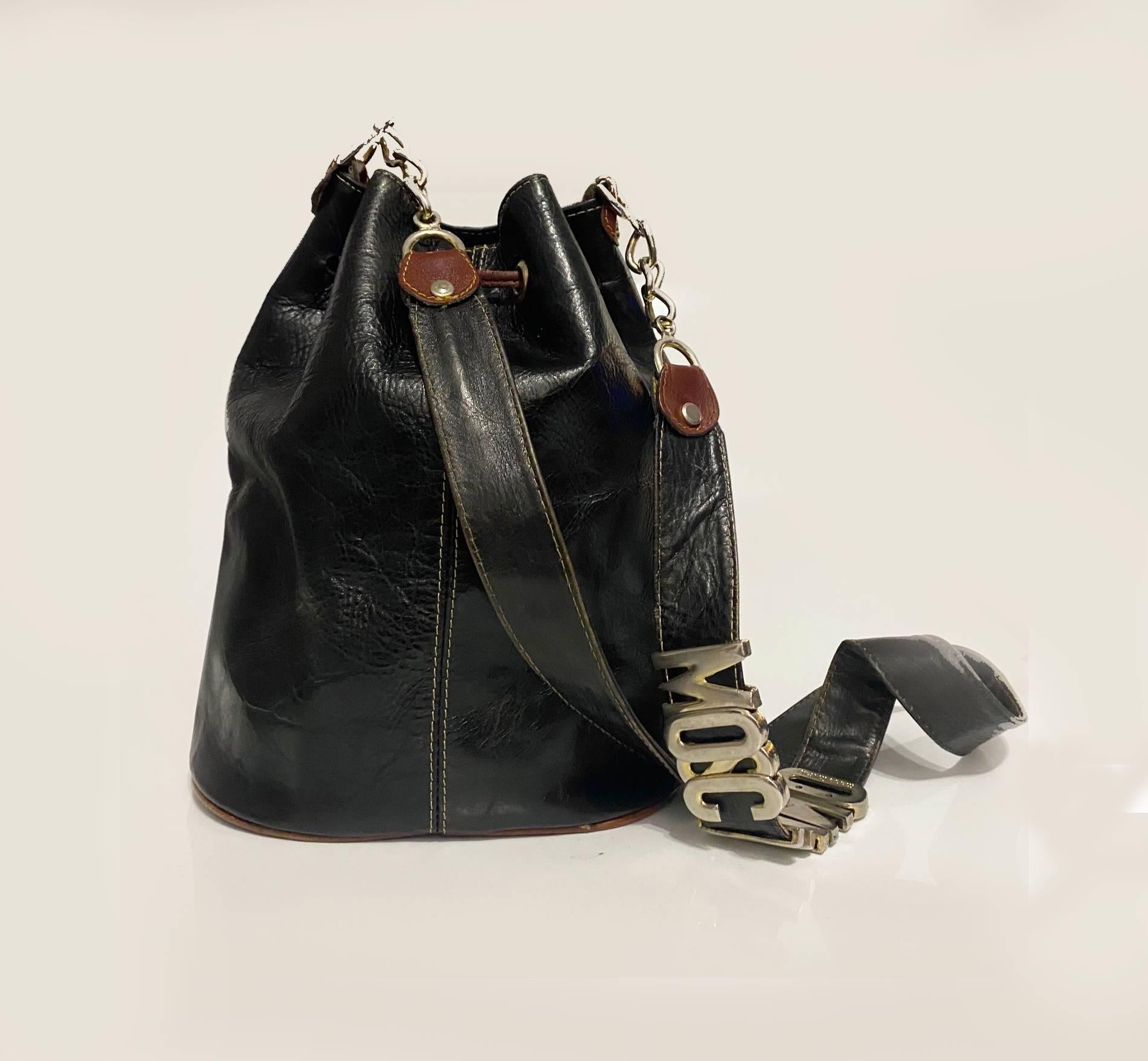 1980s Moschino by Redwall Gold Lettering Bucket Bag  5