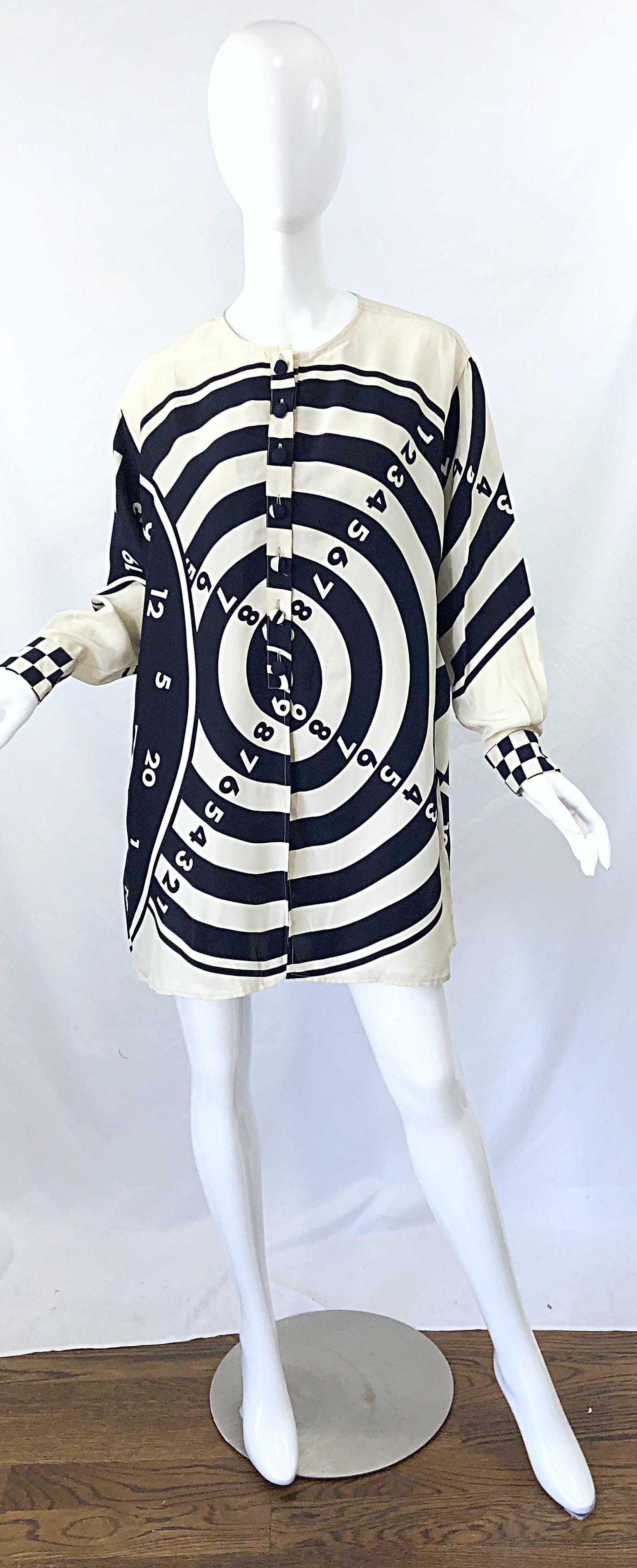 Rare 80s MOSCHINO Cheap & Chic black and white / ivory novelty bulls eye print Size 8 Rayon slouchy shirt tunic / mini dress ! Features fabric covered buttons up the front and at each sleeve cuff. POCKETS at each side of the hips. Checkered print