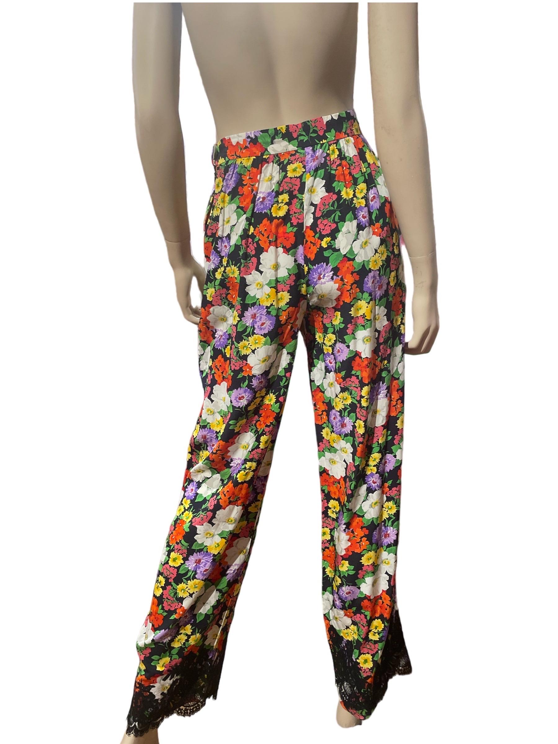 Women's or Men's 1980s Moschino Couture Floral Garden Pants w/ Black Lace Trim