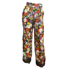 Vintage 1980s Moschino Couture Floral Garden Pants w/ Black Lace Trim