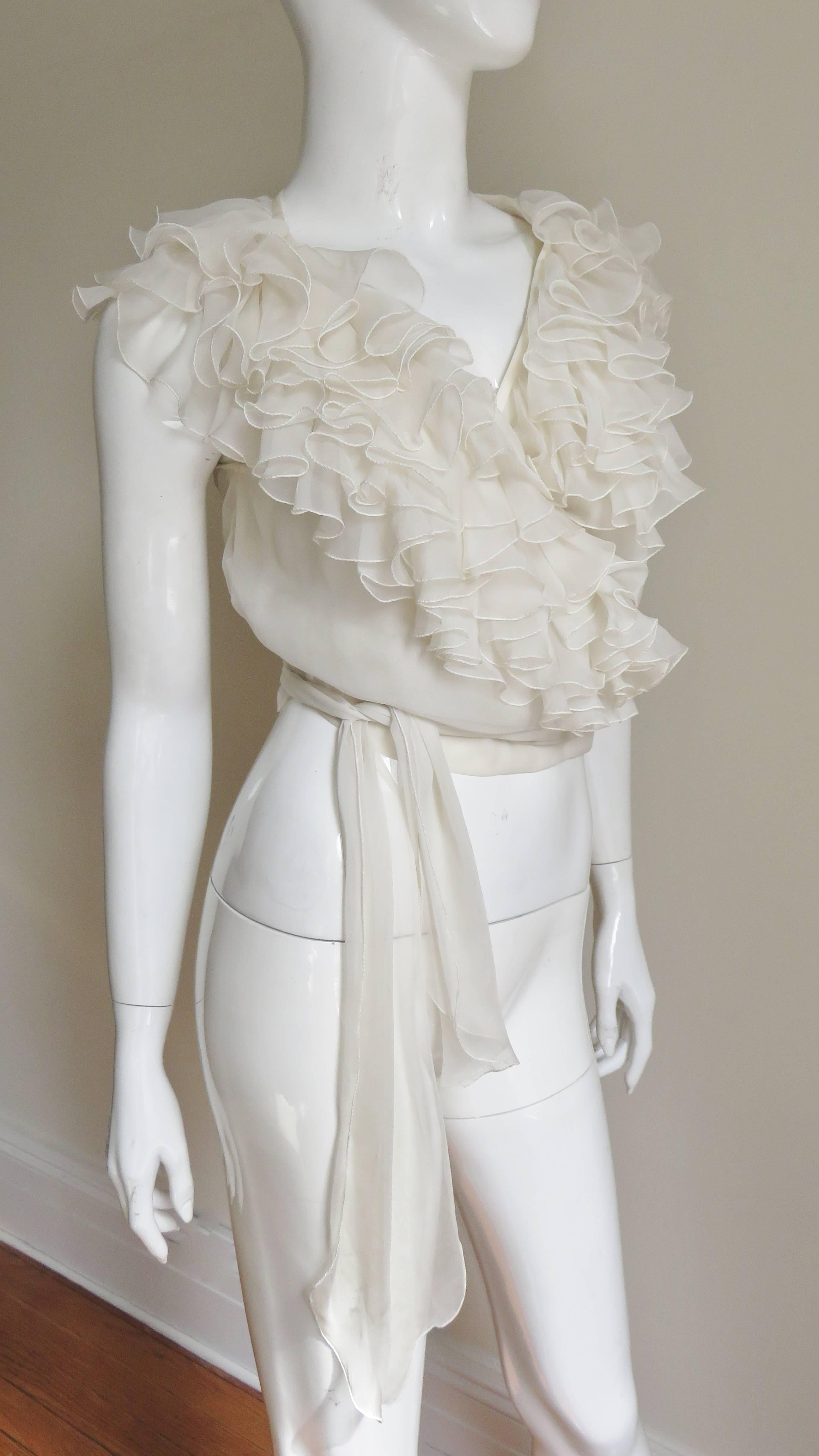 Gray Moschino Couture New Wrap Ruffle Silk Top 1980s