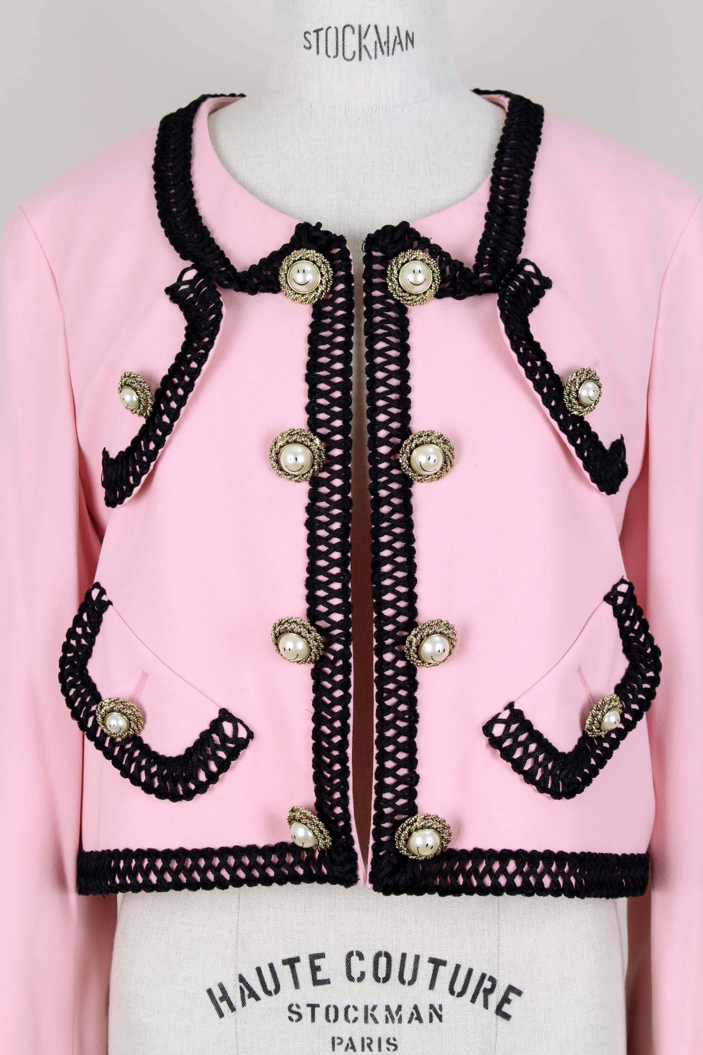 MOSCHINO COUTURE! Pink Wool Smiley Face Buttons Chanel Inspired Jacket, c.  1992 at 1stDibs | chanel inspired buttons, moschino pink jacket, moschino  buttons