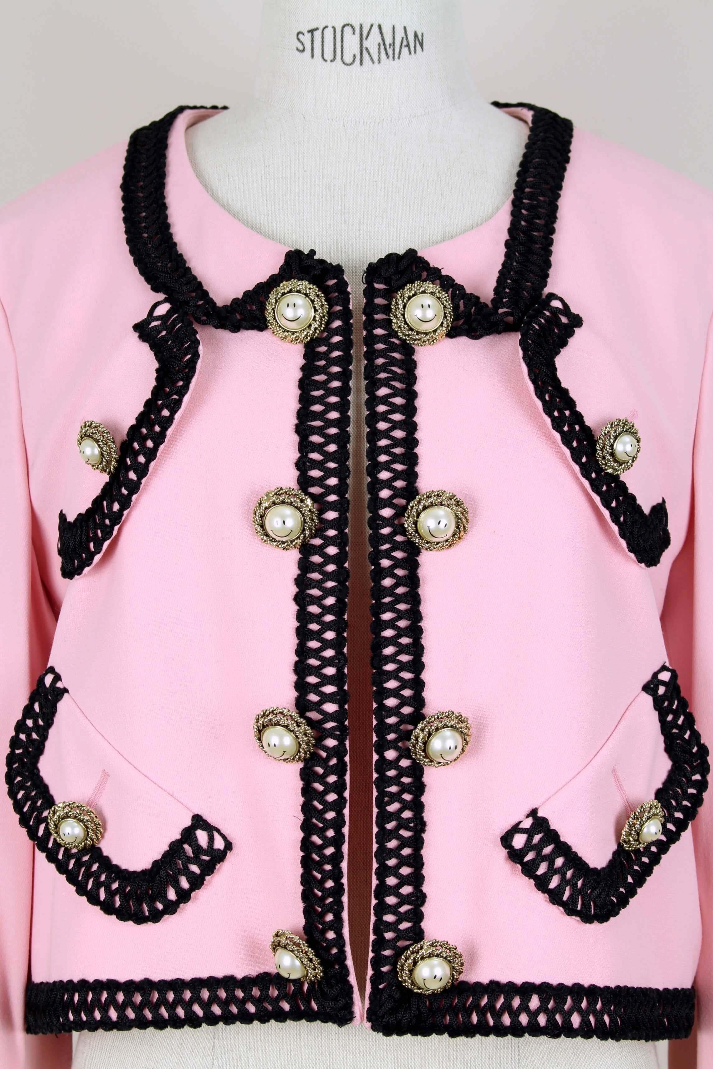 MOSCHINO COUTURE! Pink Wool Smiley Face Buttons Chanel Inspired Jacket, c. 1992 In Excellent Condition In Munich, DE