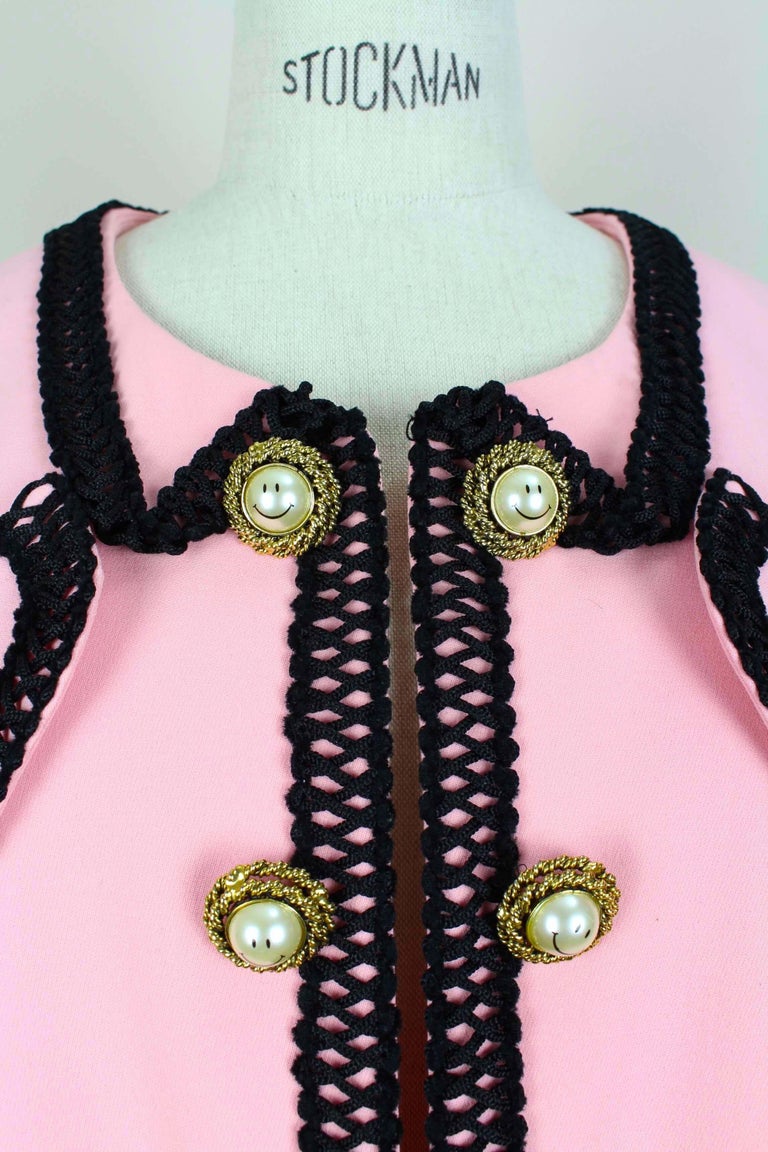 MOSCHINO COUTURE! Pink Wool Smiley Face Buttons Chanel Inspired Jacket, c.  1992 at 1stDibs