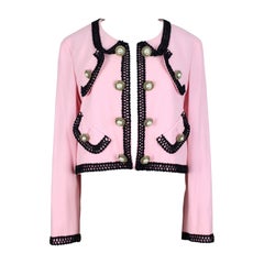 MOSCHINO COUTURE ! Veste d'inspiration Chanel en laine rose à boutons en forme de visage souriant, vers 1992