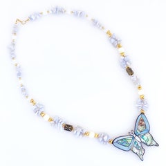 1980s Mother Of Pearl & Abalone Inlay Necklace With Blue Lace Agate By Lee Sands