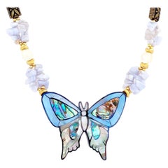 Vintage 1980s Mother Of Pearl & Abalone Inlay Necklace With Blue Lace Agate By Lee Sands