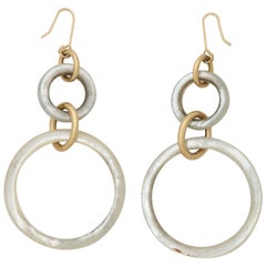 1980s Mother-of-Pearl and Gold Hoop Dangle Earrings with Shepard Hooks Closures