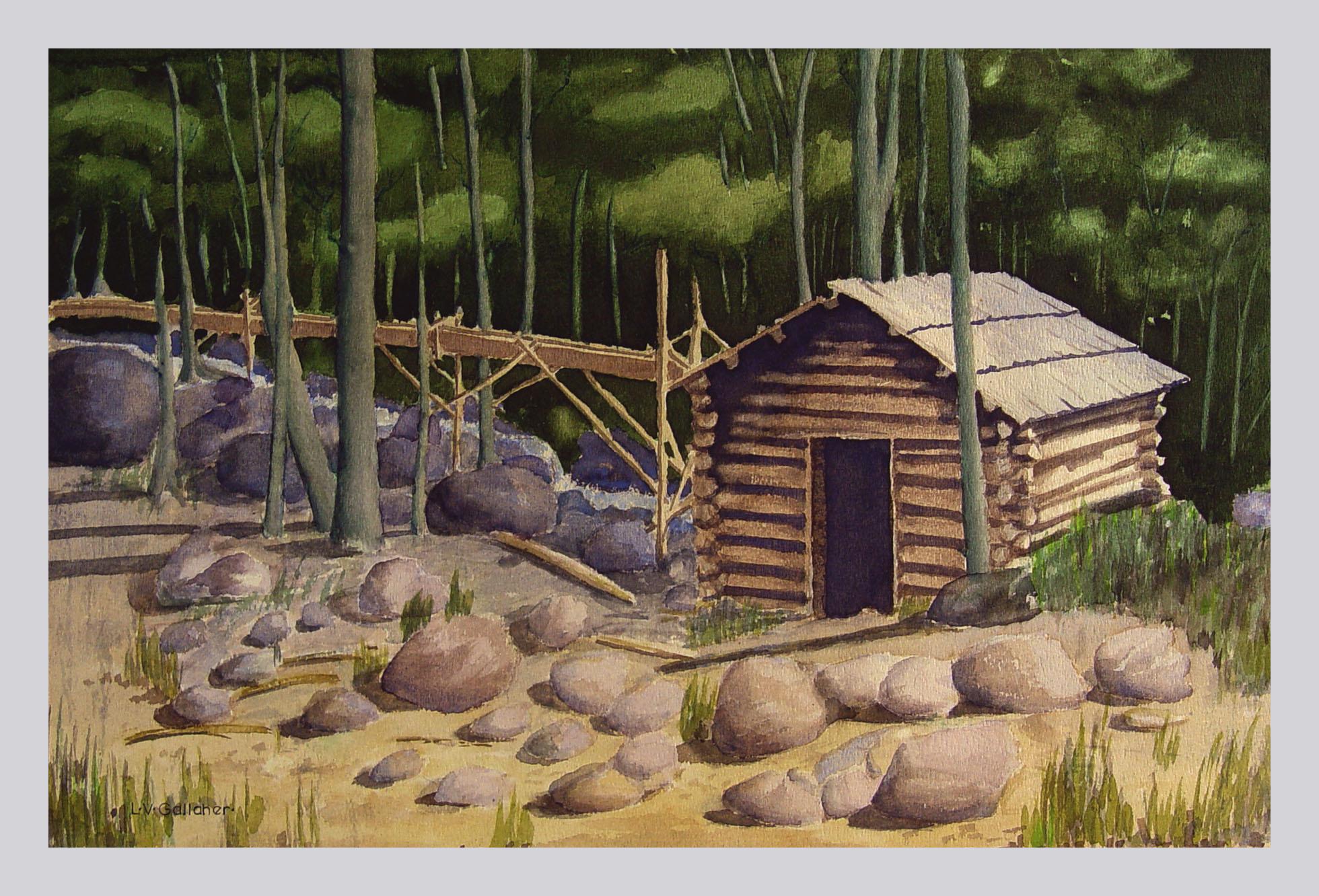 Circa 1980's mining cabin in the mountains watercolor on paper. Signed 