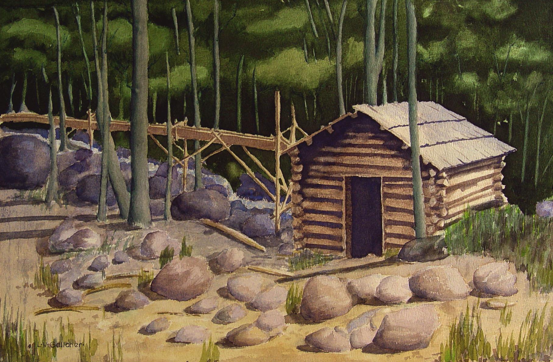 American 1980s Mountain Cabin Watercolor Painting For Sale