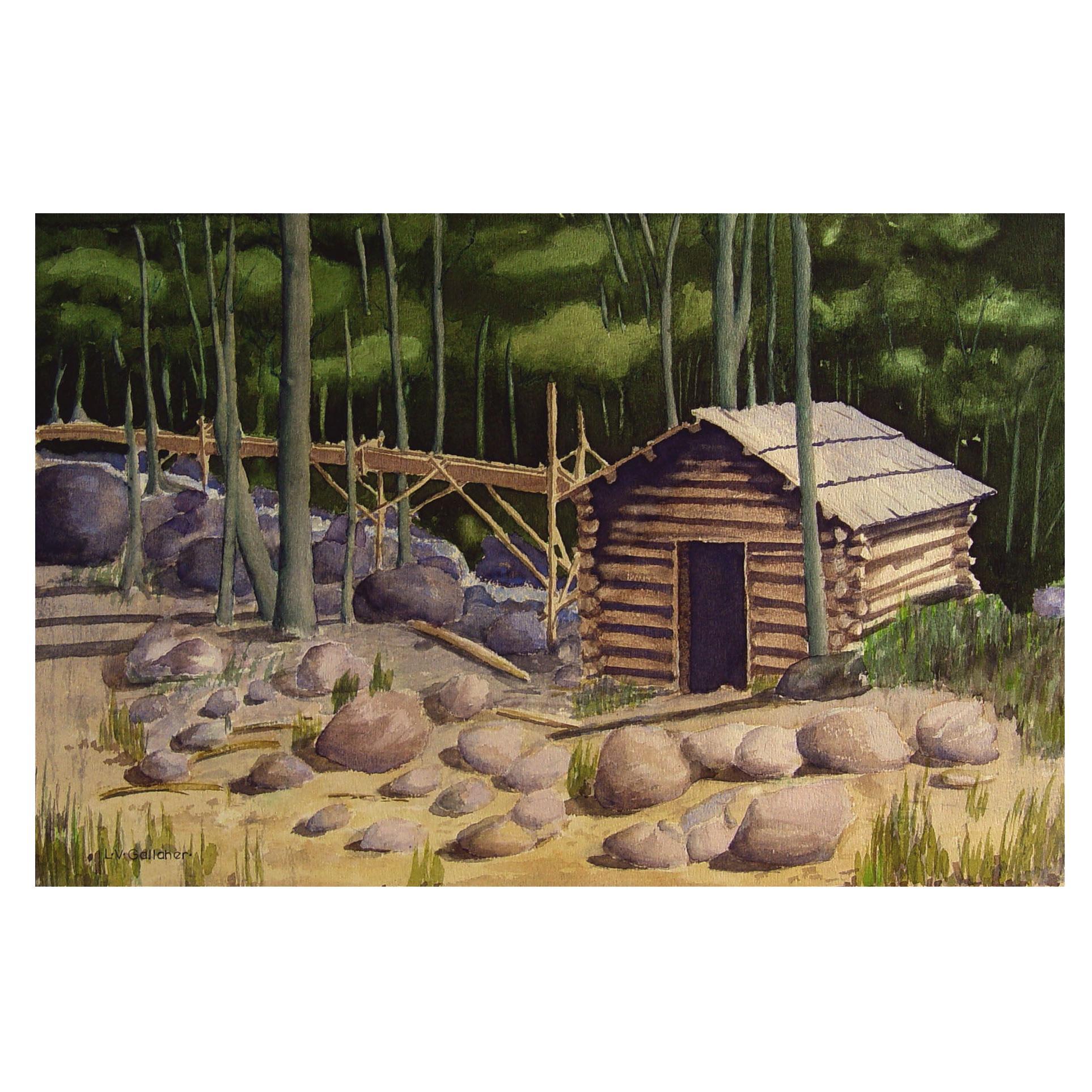 1980s Mountain Cabin Watercolor Painting For Sale