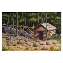 1980s Mountain Cabin Watercolor Painting