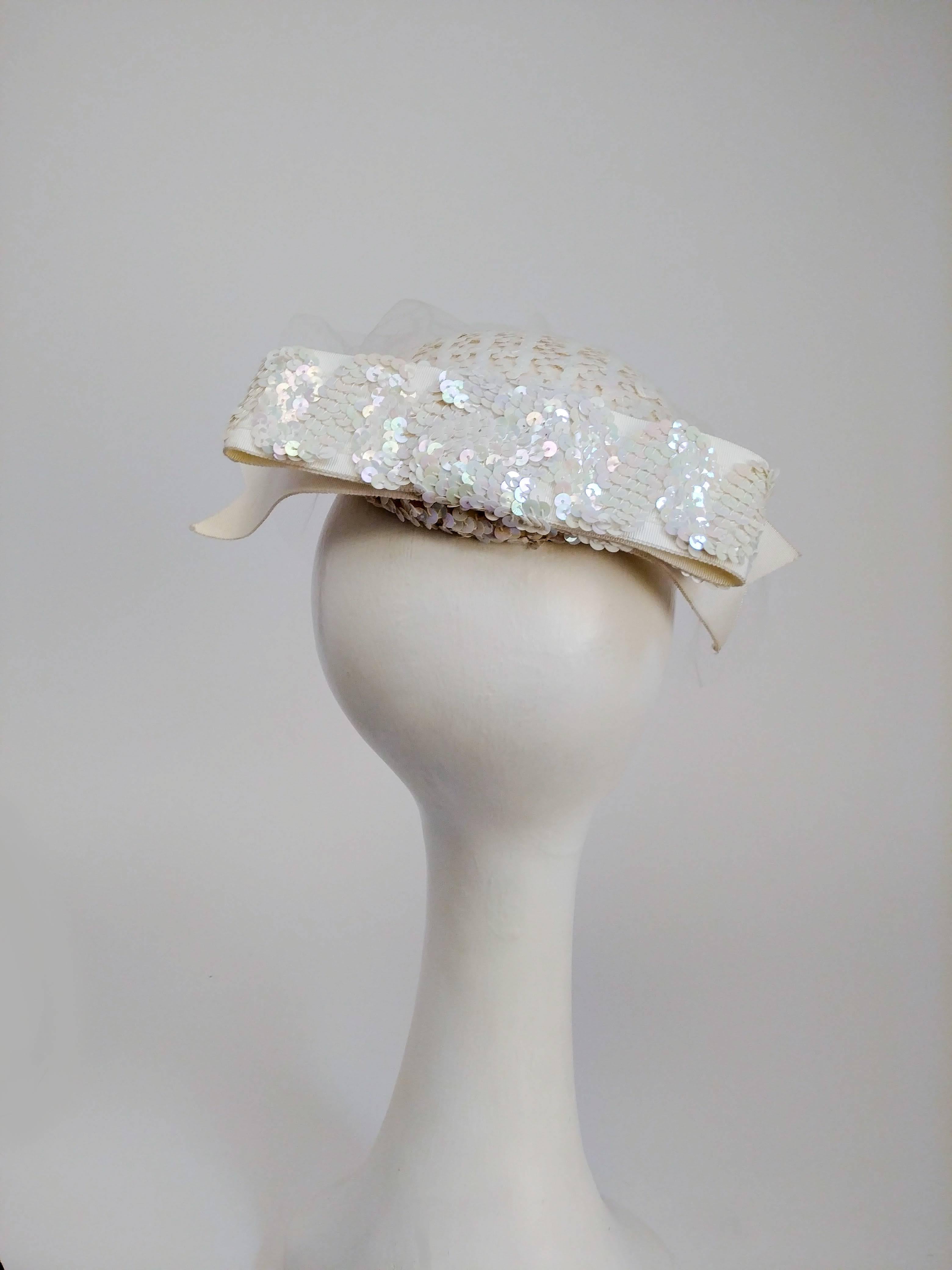 1980's Mr. John Cream Sequin Hat with Veil In Good Condition In San Francisco, CA