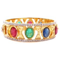 1980s Mughal Bangle Bracelet with Multicolored Glass Cabochons By Bijoux Cascio