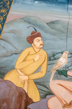 1980s Mughal Style Indian Painted Cloth with Courtly Scene and Falcon