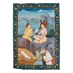 1980s Mughal Style Indian Painted Cloth with Courtly Scene and Falcon