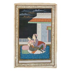 Vintage 1980s Mughal Style Indian Painted Fabric with Court Couple