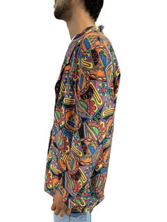 1980S Multi Color Geometric Silk Bright Clocks And Calculators Blazer