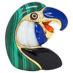 1980's Multi-Gem Diamond 18K Gold Vintage Inlay Parrot Bird Brooch