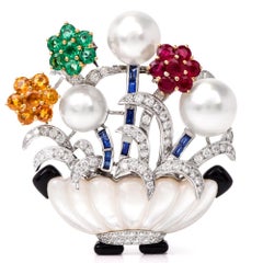 1980s Multi-Gem Gold Flower Basket Lapel Brooch Pin