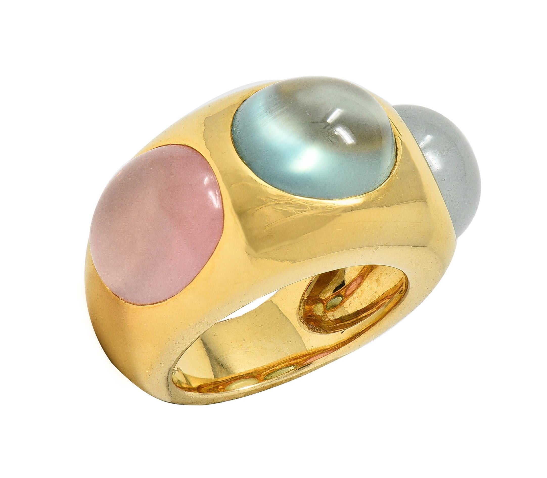 Cabochon 1980's Multi-Quartz 18 Karat Yellow Gold Vintage Three Stone Bubble Ring
