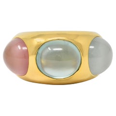 1980's Multi-Quartz 18 Karat Yellow Gold Vintage Three Stone Bubble Ring
