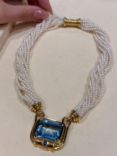 1980s Multi-Strand Pearl Necklace with Aquamarine & Diamond in Gold
