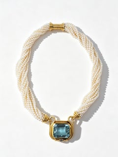 1980s Multi-Strand Pearl Necklace with Aquamarine & Diamond in Gold