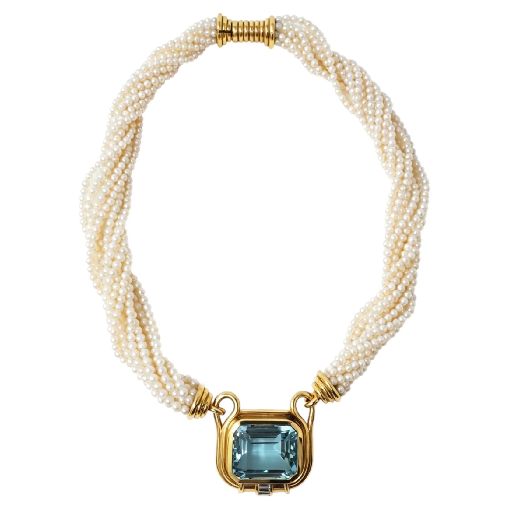 Collana di perle a più fili degli anni '80 con acquamarina e diamanti in oro in vendita