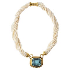 1980s Multi-Strand Pearl Necklace with Aquamarine & Diamond in Gold