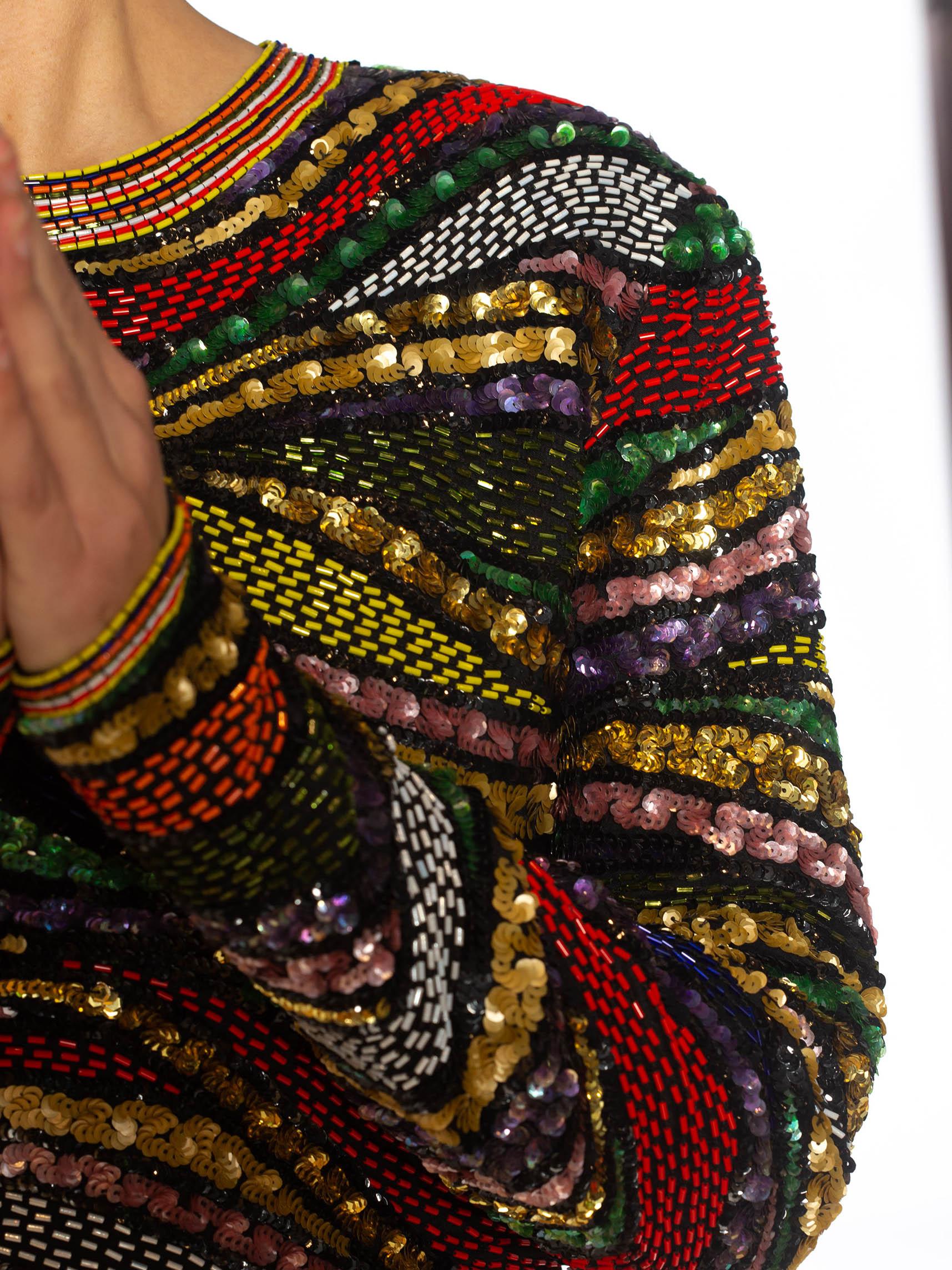 1980S Multicolor Beaded Silk & Rayon Long Sleeve Cocktail Dress For Sale 6